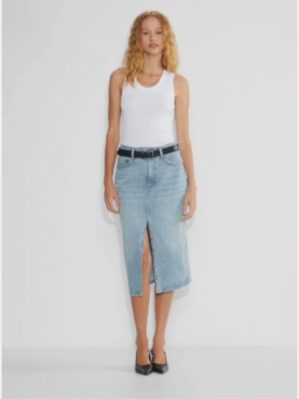 Aritzia Denim Forum The 90s Halle Hi Rise Midi Jean Skirt Bleu Taboo NEW NWT 26